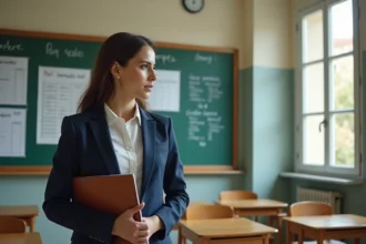 Professeure certifiée tenant un dossier devant un tableau de progression salariale dans une salle de classe française