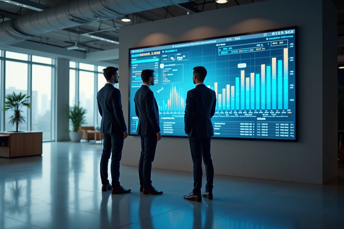 Trois jeunes professionnels discutant devant un écran digital