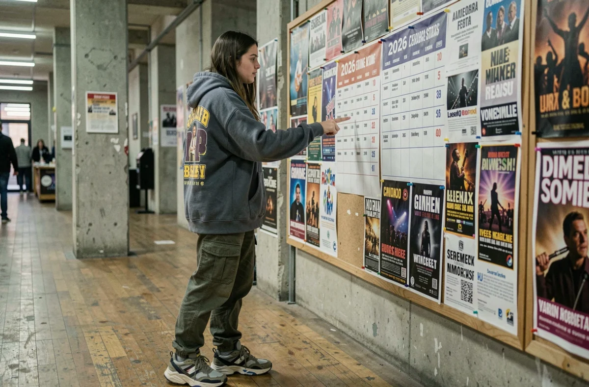 Jeune femme consultant un programme de concerts métal et rap à Lyon en 2026