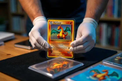 Mains gantées tenant avec soin une carte Dracaufeu rare holographique au-dessus d'un tapis en velours, entourée d'accessoires de protection pour cartes Pokémon