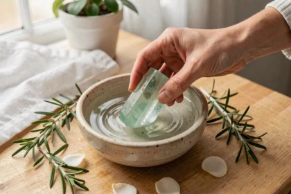 Mains de femme purifierant une pierre verte claire dans un bol d'eau avec des herbes naturelles sur une table en bois