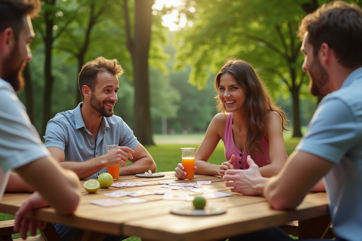 Quatre personnes jouant aux cartes en plein air dans un parc