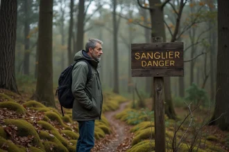 Homme en randonnée observant un panneau sanglier danger
