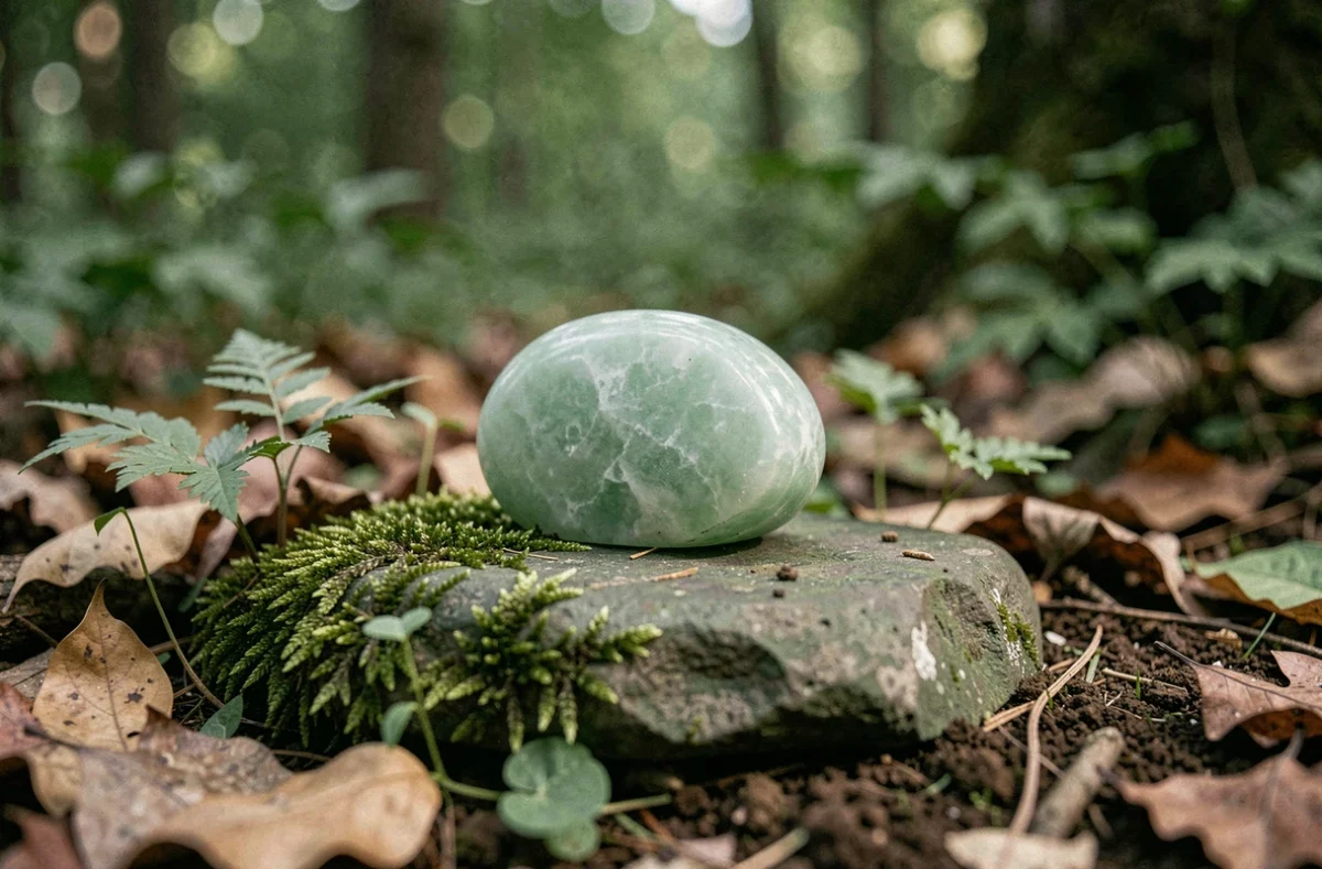 Pierre verte claire posée sur une roche mousseue en forêt pour une recharge naturelle en pleine nature