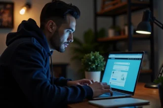 Homme cherchant la nouvelle adresse d'un site sur son ordinateur portable en 2026