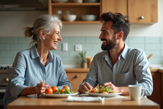 Femme et jeune homme partageant un repas convivial à la maison