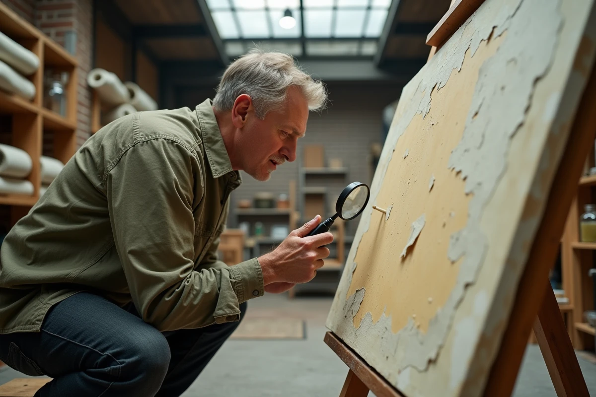 Restaurateur d'art examinant de près une toile ancienne sur chevalet dans un atelier de restauration authentique