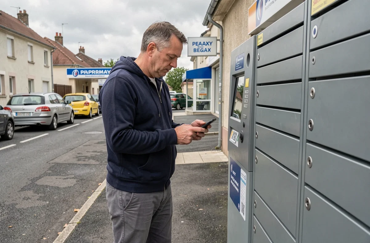 Homme scannant un QR code pour récupérer un colis dans une consigne automatique Colissimo