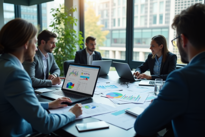 Réunion d'affaires avec analyseurs et graphiques économiques