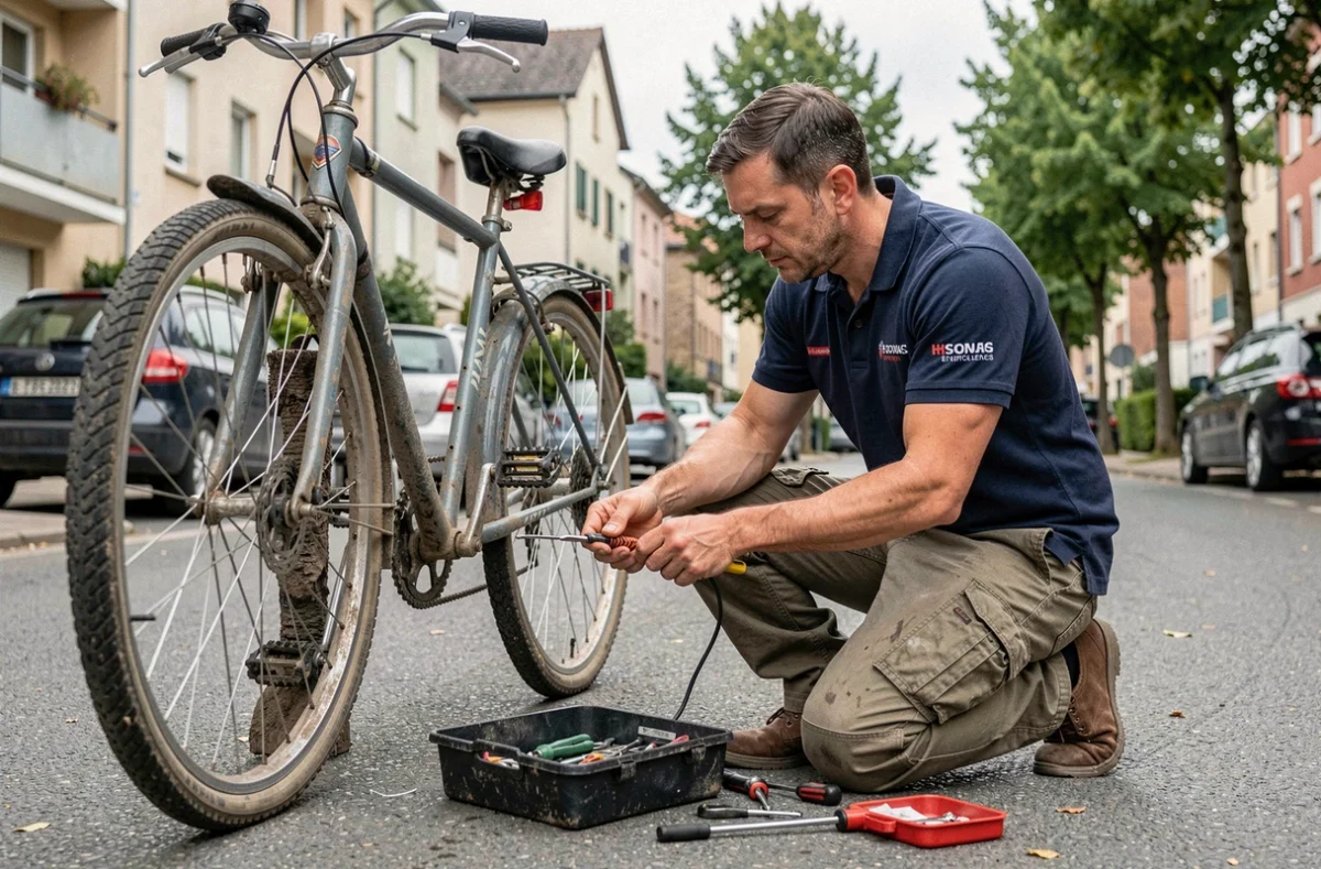 Réparateur vélo à domicile RVD agenouillé sur un trottoir de Thionville réparant une crevaison avec un kit portable