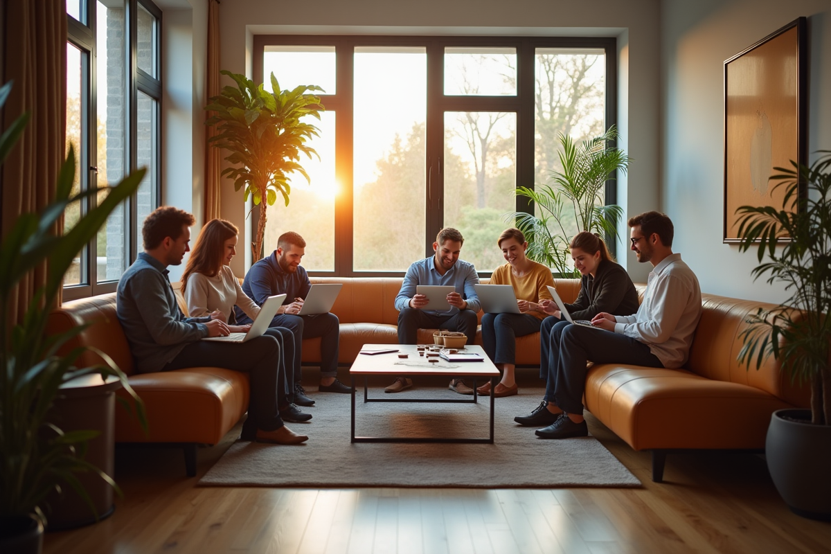 Salon convivial avec groupe relaxant travaillant et jouant
