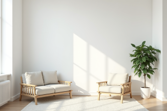 Salon scandinave lumineux avec plantes vertes et mobilier neutre