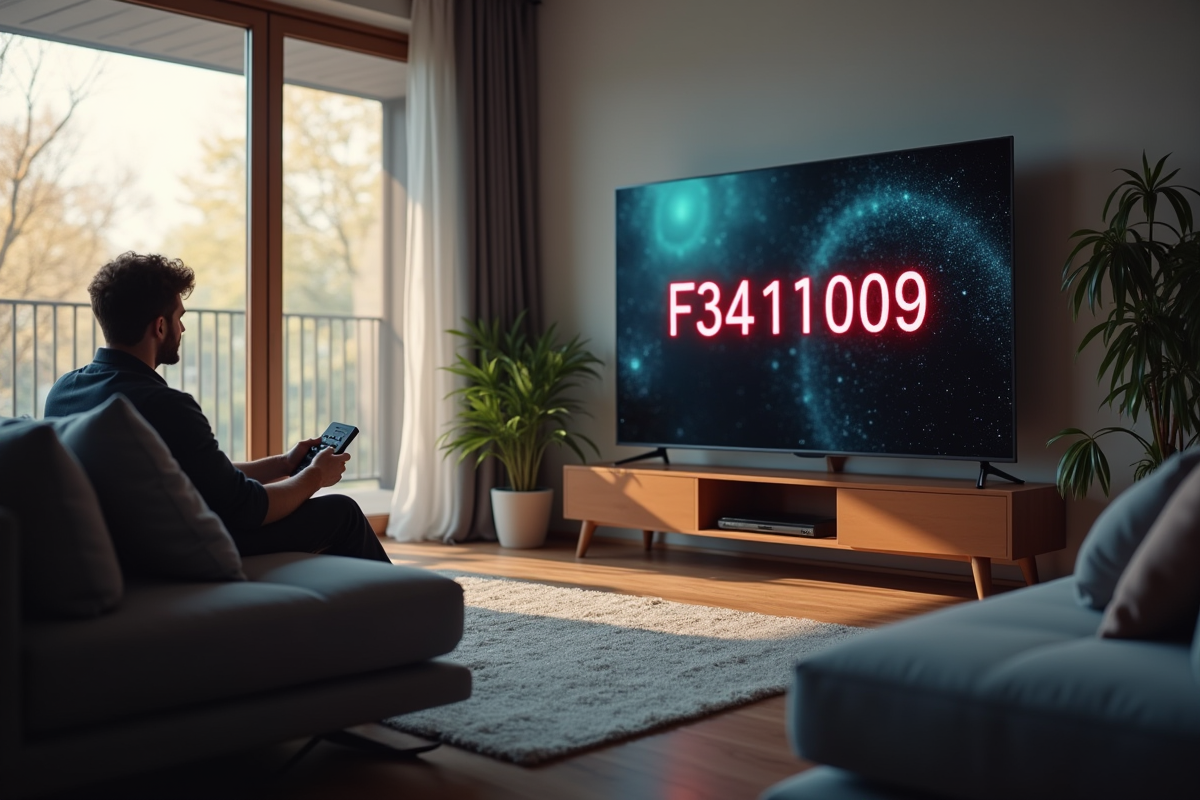 Salon moderne avec une TV montrant le code erreur F34111009