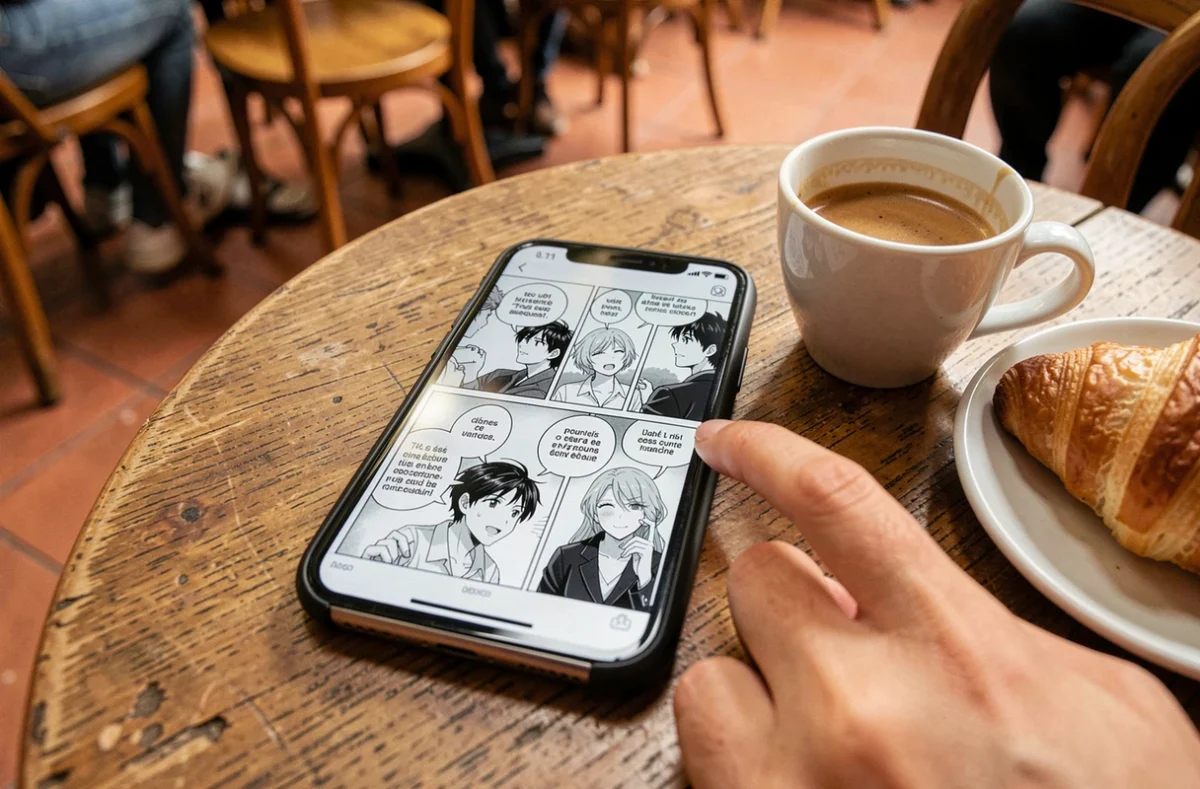 Écran de smartphone affichant une page de scanlation manga dans un café avec espresso