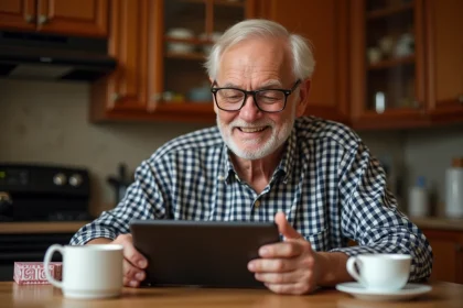 Homme senior souriant jouant à la belote sur tablette