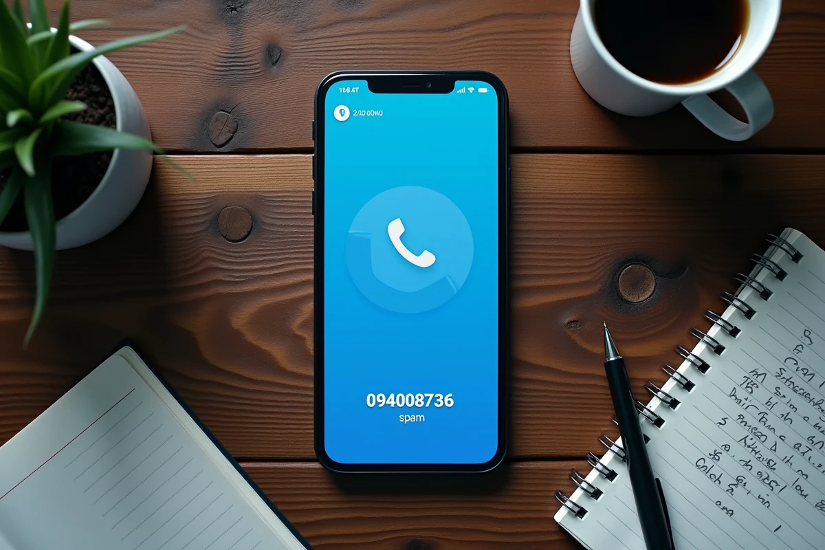 Vue de dessus d'un smartphone affichant un numéro spam bloqué sur une application anti-appels indésirables