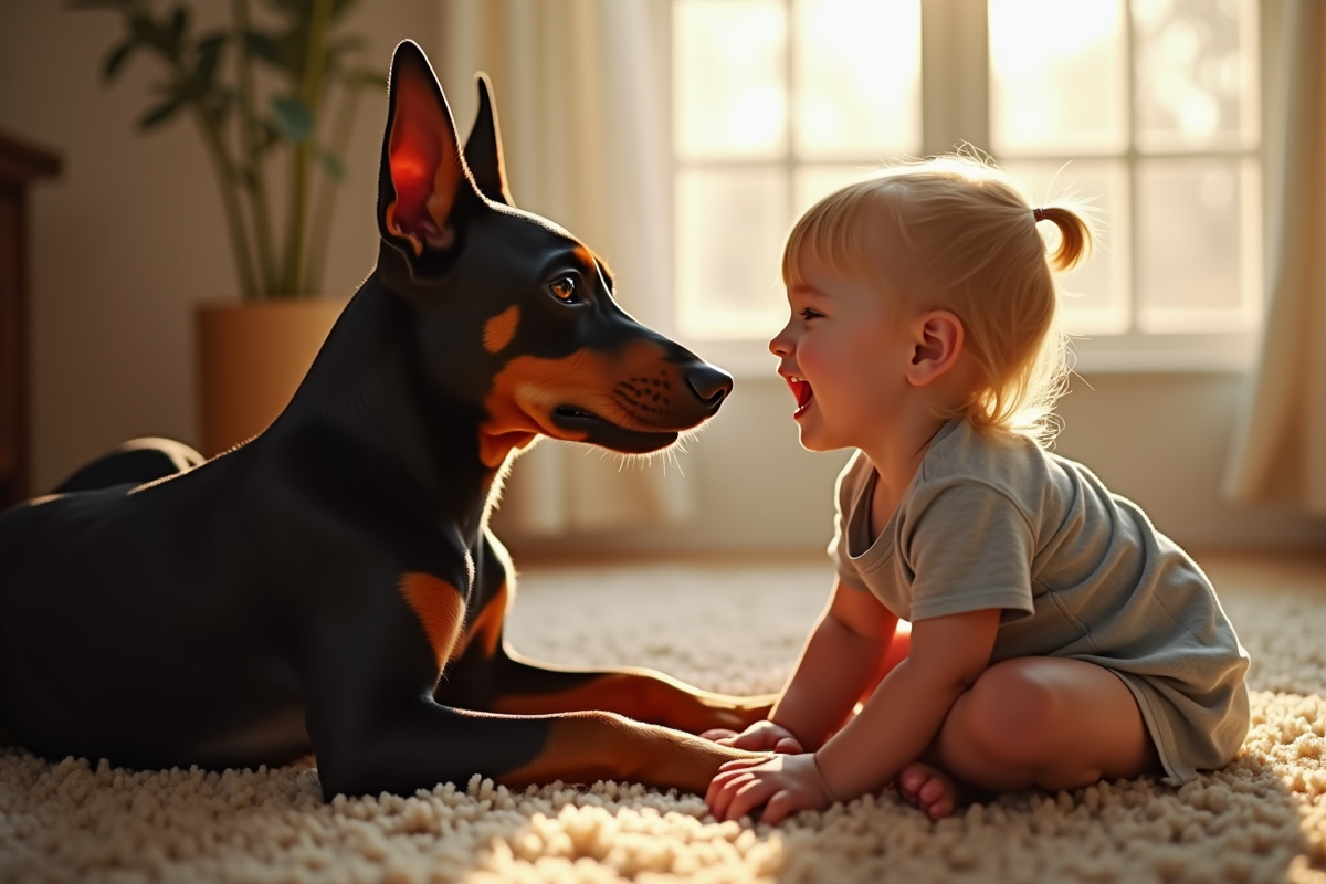 Chiot Doberman socialise avec un enfant dans une maison