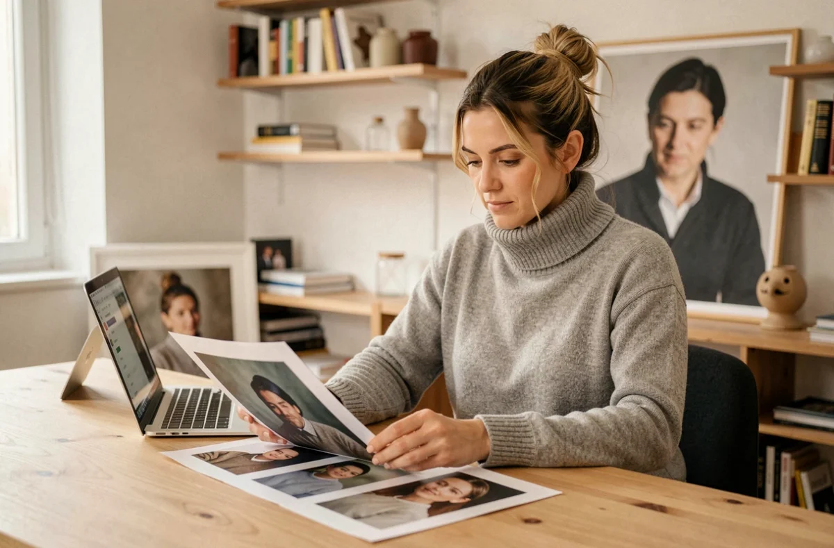 Sophie Lefebvre, photographe féminine examinant des épreuves portrait à son bureau dans son studio à Arras