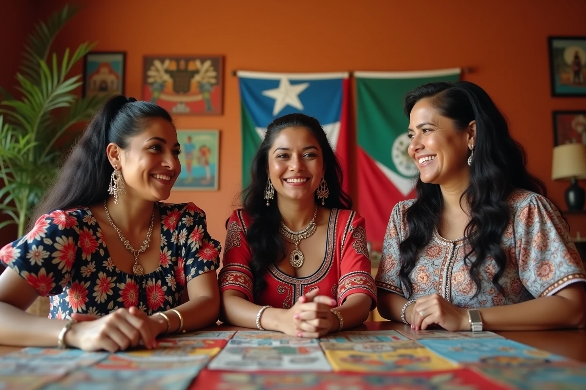 Trois femmes latinas en tenues culturelles représentant Porto Rico, la Colombie et le Mexique, illustrant la diversité des origines des stars latinas