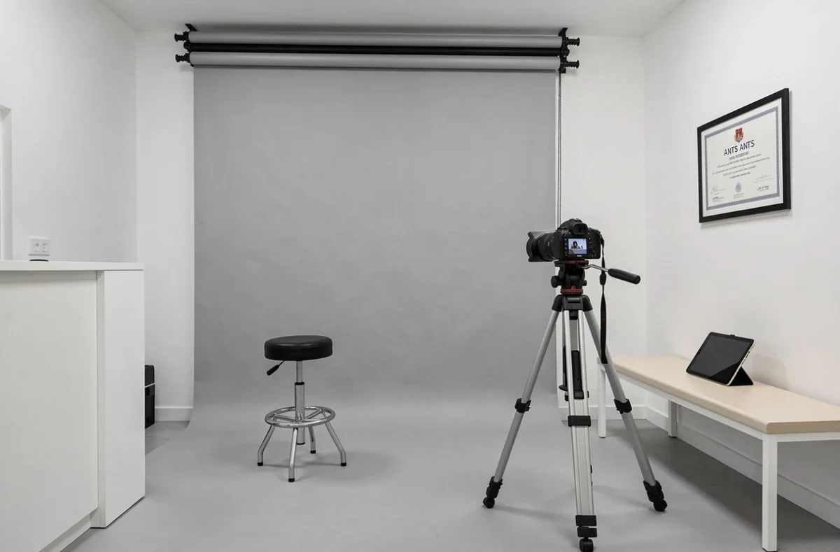 Studio photo agréé ANTS Studio 102 à Hénin-Beaumont, avec fond gris, tabouret et trépied pour photos d'identité officielles