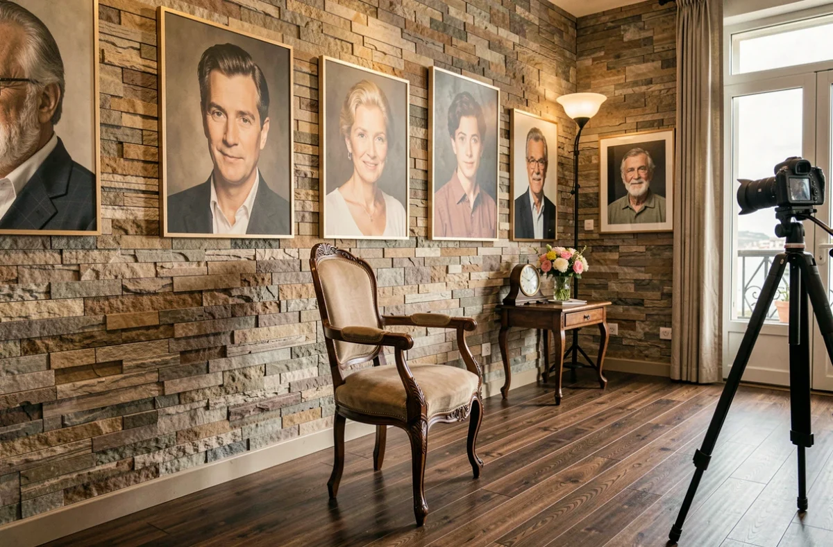 Intérieur artistique du Studio Art Photographe à Boulogne-sur-Mer, avec décor soigné et portraits encadrés sur les murs
