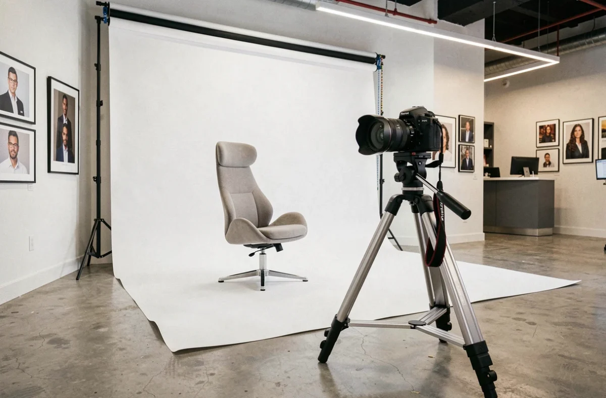 Intérieur du Studio Photo L'Image à Lens, avec fond blanc, trépied et équipement photo professionnel