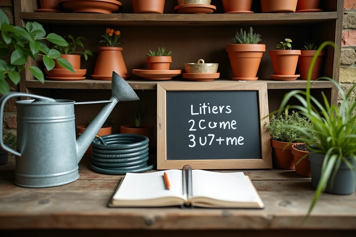 Table de jardinage avec arrosoir, tuyau et tableau de conversion litres mètres cubes pour l'arrosage
