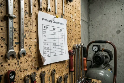 Tableau de conversion PSA vers bar imprimé et affiché sur un tableau perforé dans un atelier de garage