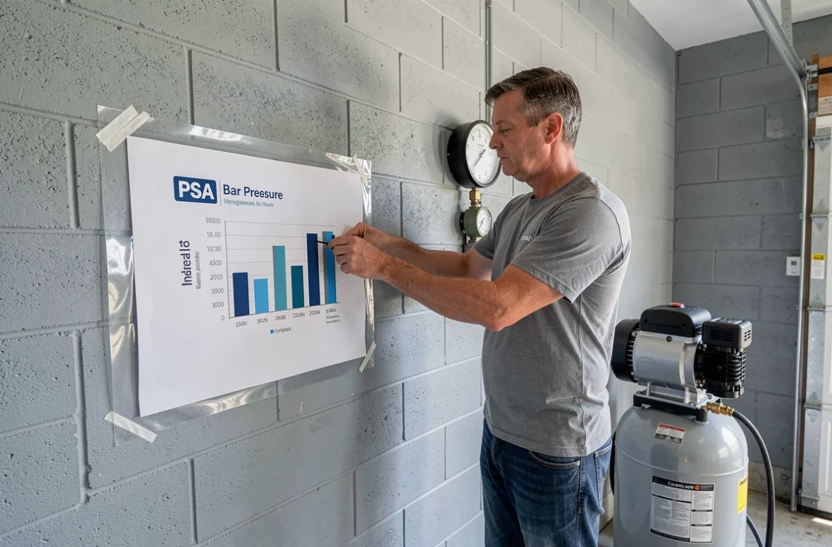 Homme consultant un tableau PSA to bar affiché sur le mur d'un garage à côté d'un compresseur d'air