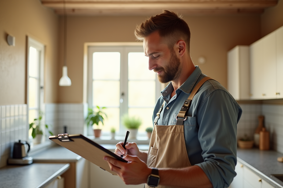 Technicien évaluant la performance énergétique dans une cuisine lumineuse