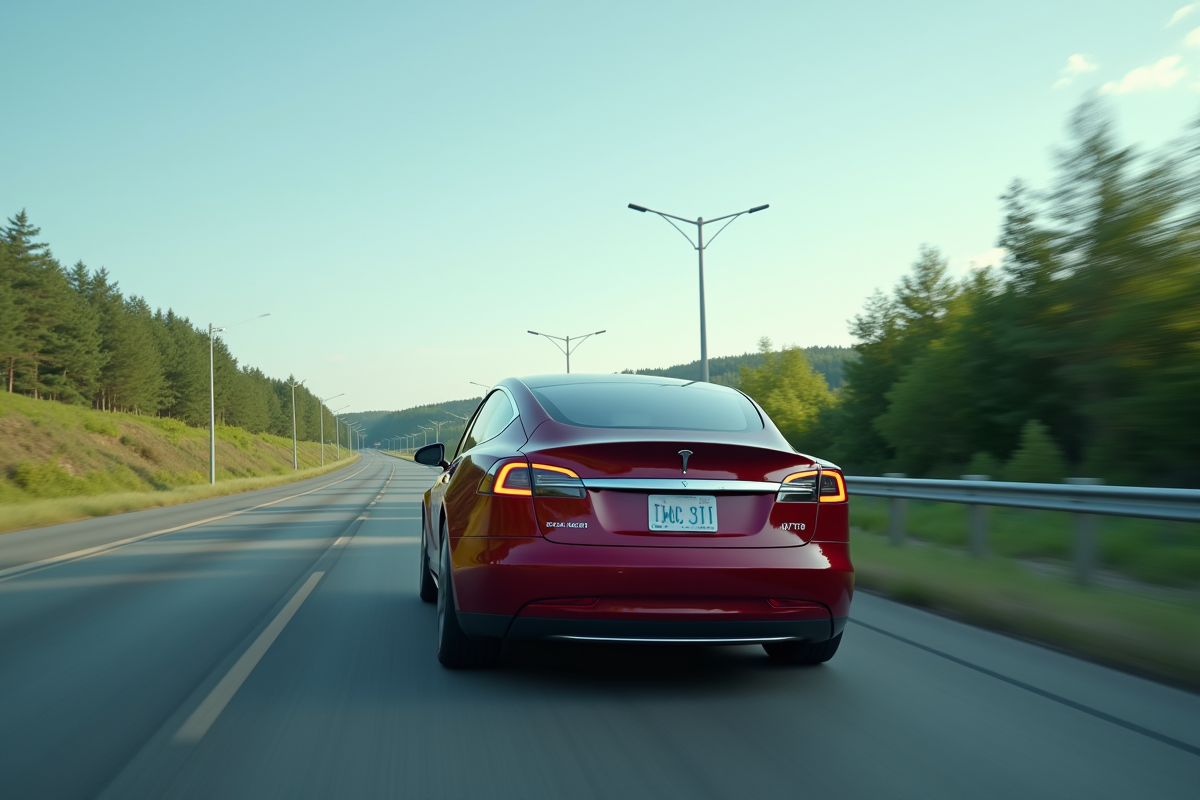Tesla roulant sur une route vide avec paysage vert et ciel bleu