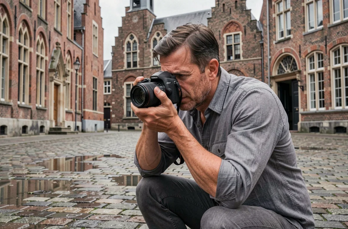 Thomas Pose Photo, photographe masculin composant une photo sur une place historique en cobblestones à Saint-Omer