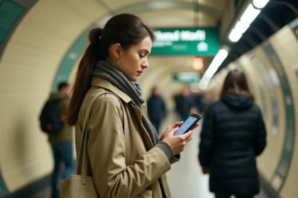 Touriste consultant une application de trafic RATP sur son smartphone dans le métro parisien