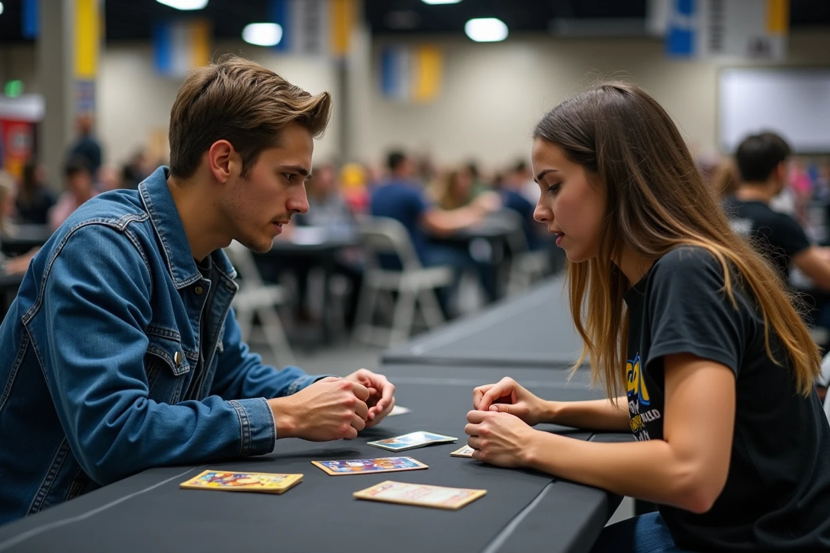 Deux joueurs en compétition lors d'un tournoi Pokémon Pocket utilisant des decks agressifs avec jeu offensif dès les premiers tours
