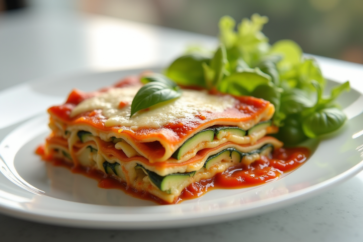 Tranche de lasagne de courgette avec fromage fondu et salade colorée