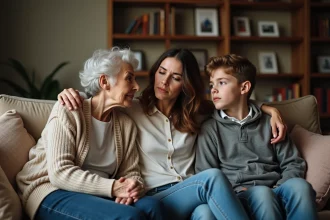 Trois générations de famille réunies dans un salon chaleureux