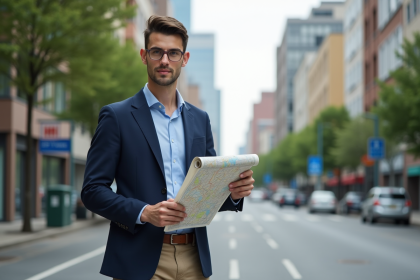 Jeune urbaniste avec carte de zonage en ville