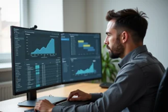 Utilisateur expérimenté configurant des paramètres avancés sur le logiciel Kabrax depuis un bureau moderne