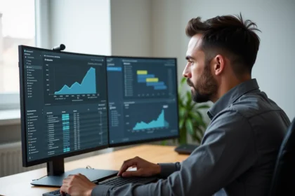 Utilisateur expérimenté configurant des paramètres avancés sur le logiciel Kabrax depuis un bureau moderne
