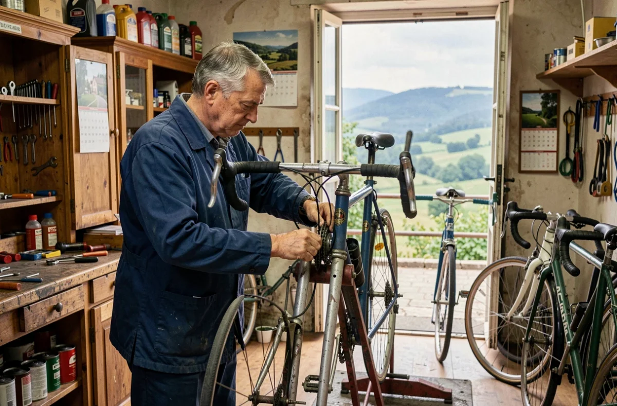 Mécanicien senior de Véloland Jouy-aux-Arches réglant les freins d'un vélo de randonnée dans l'atelier près de Metz sud