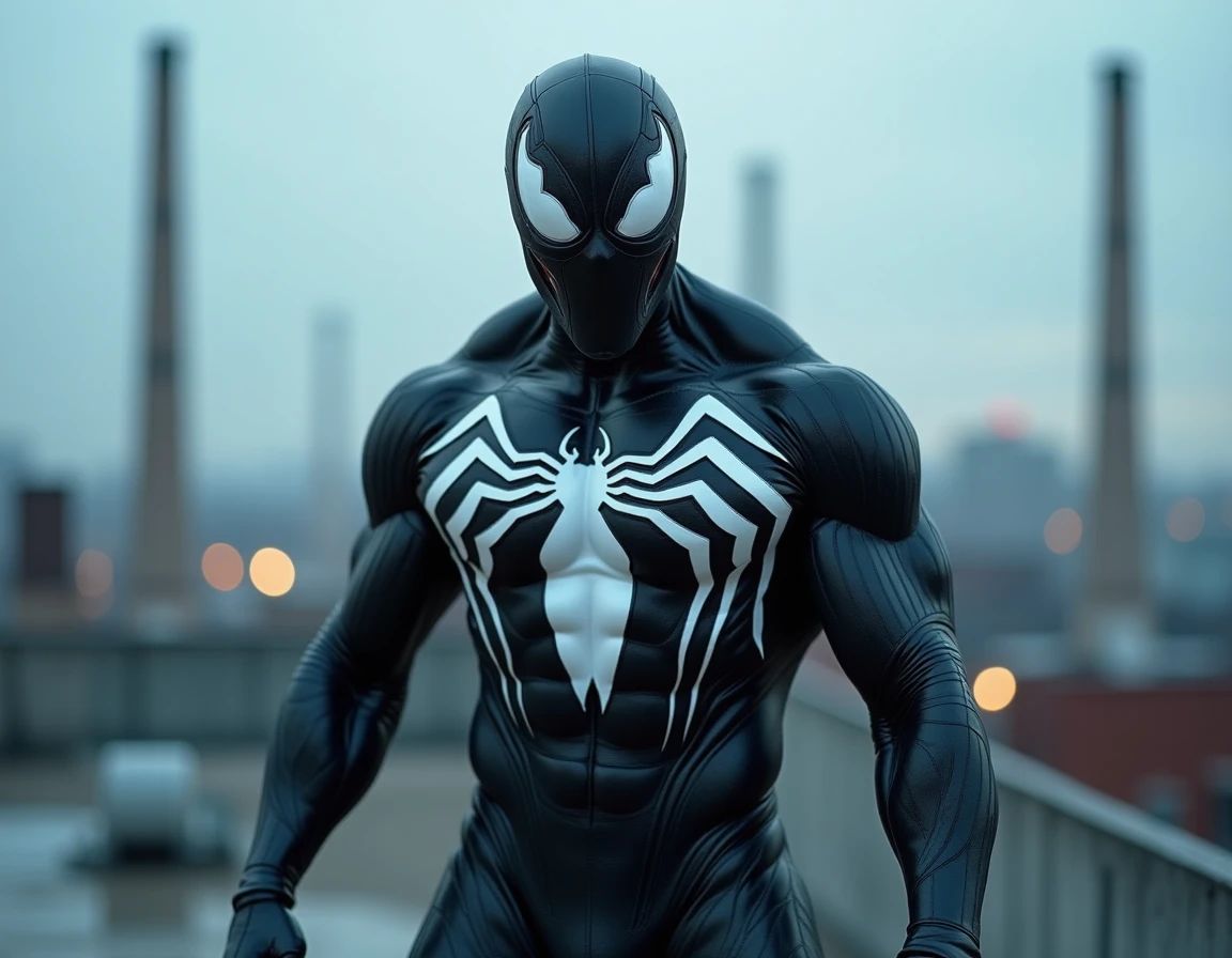 Cosplay réaliste de Venom sur un toit urbain au crépuscule, anti-héros symbiotique de l'univers Spider-Man Marvel