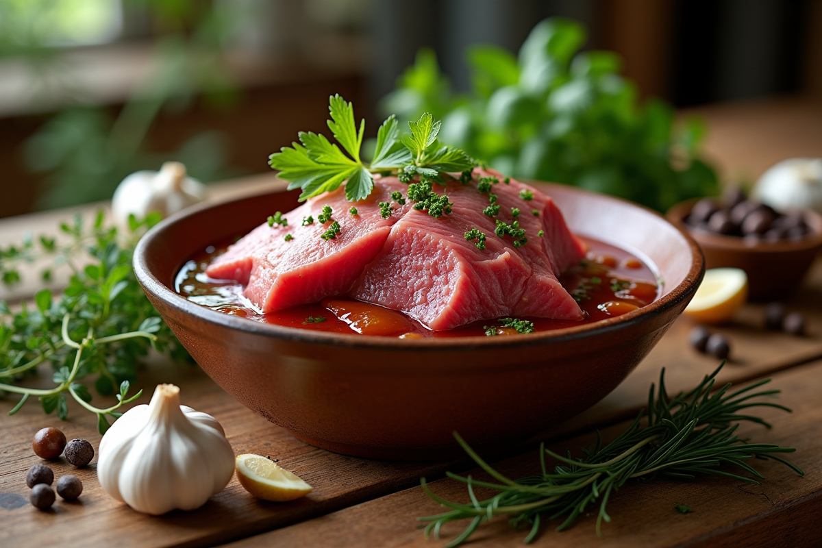 Viande de sanglier en marinade dans un bol en céramique rustique