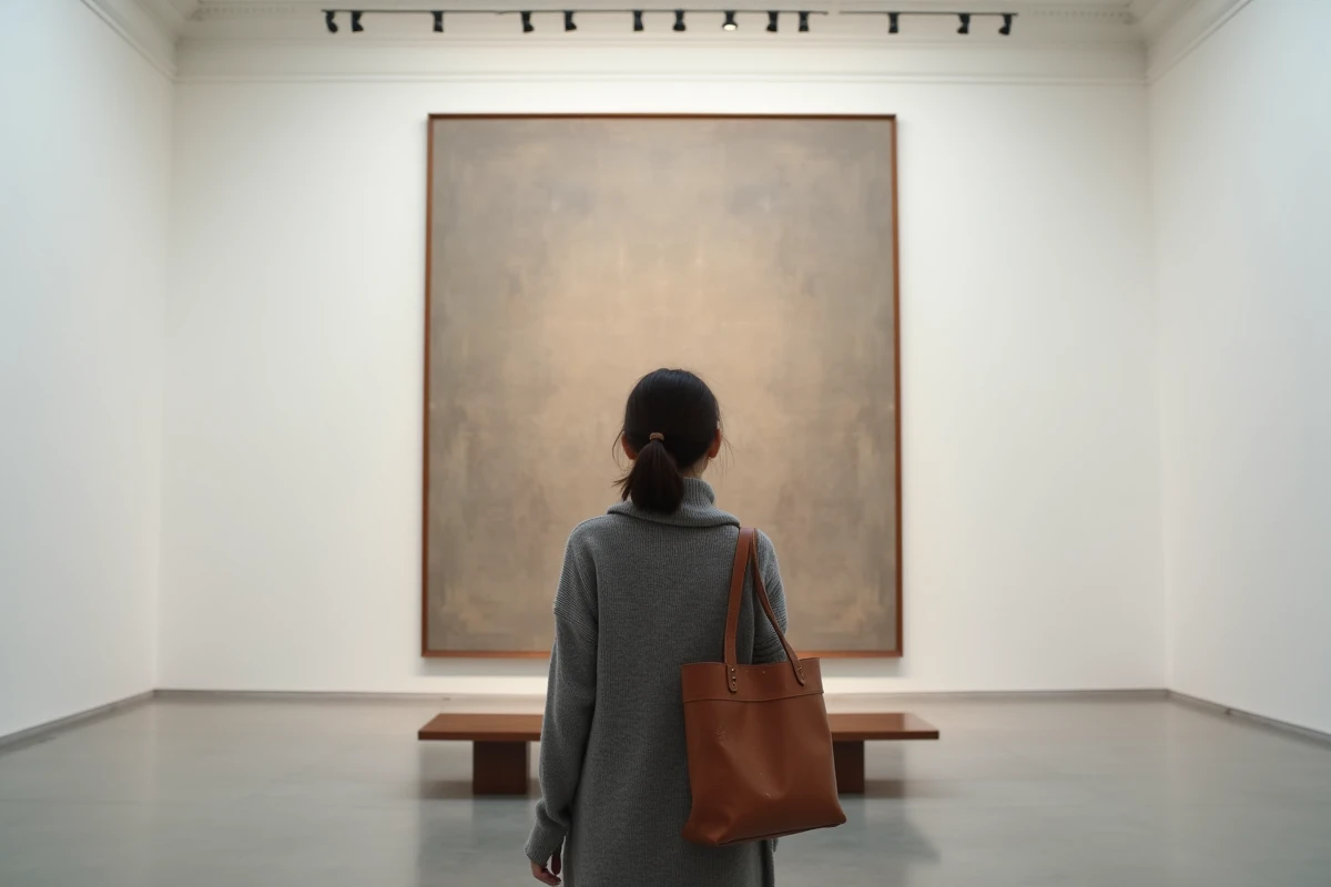 Visiteuse contemplant seule une immense peinture célèbre dans une salle de musée d'art moderne épurée