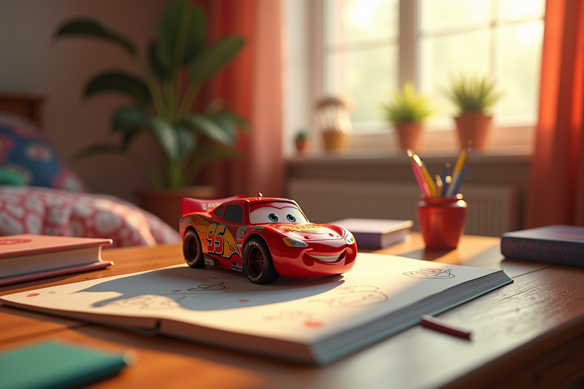 Voiture jouet inspirée de Cars sur bureau d