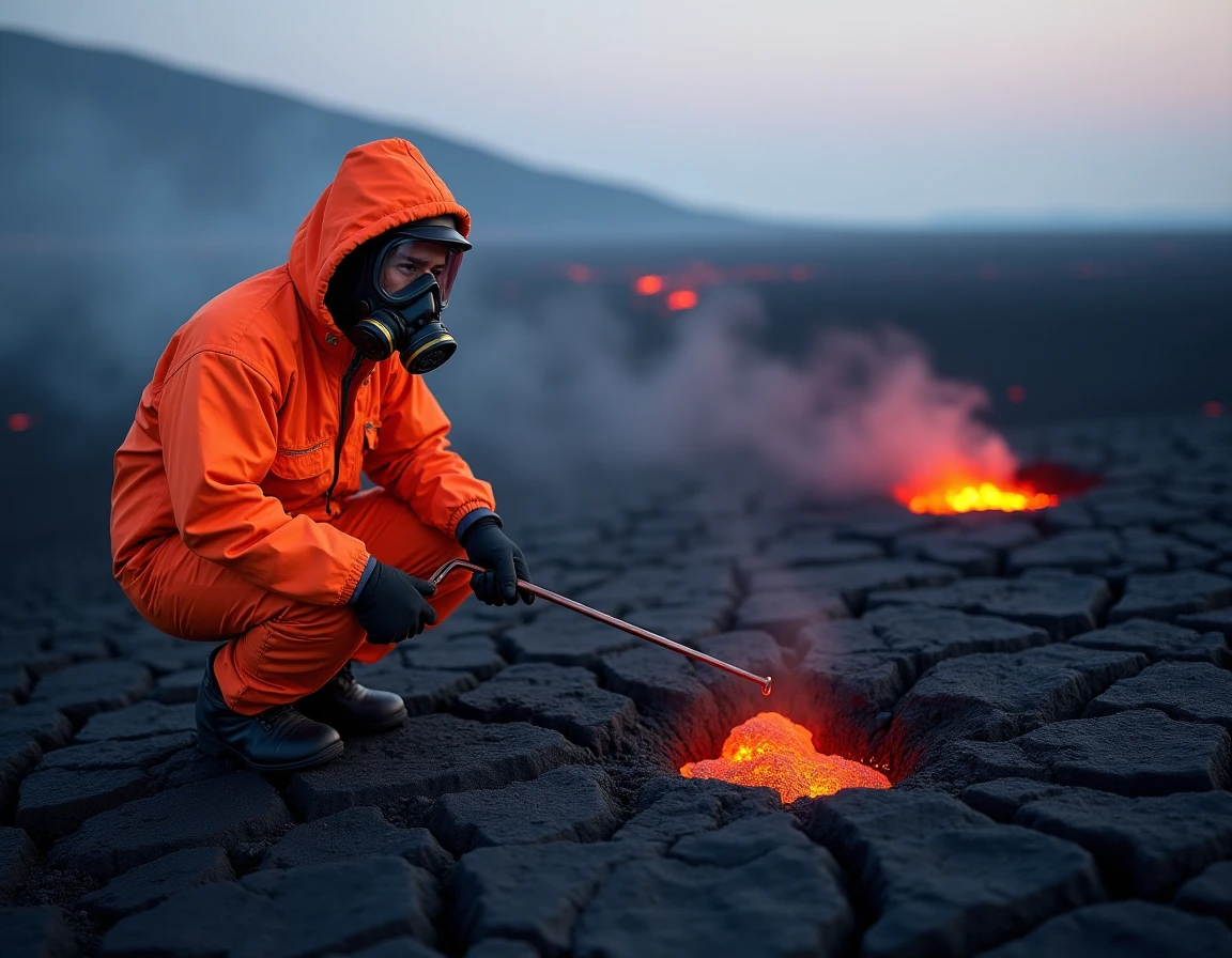 Volcanologue en combinaison de protection collectant des échantillons de lave sur les flancs de l'Etna lors de l'éruption de 2026