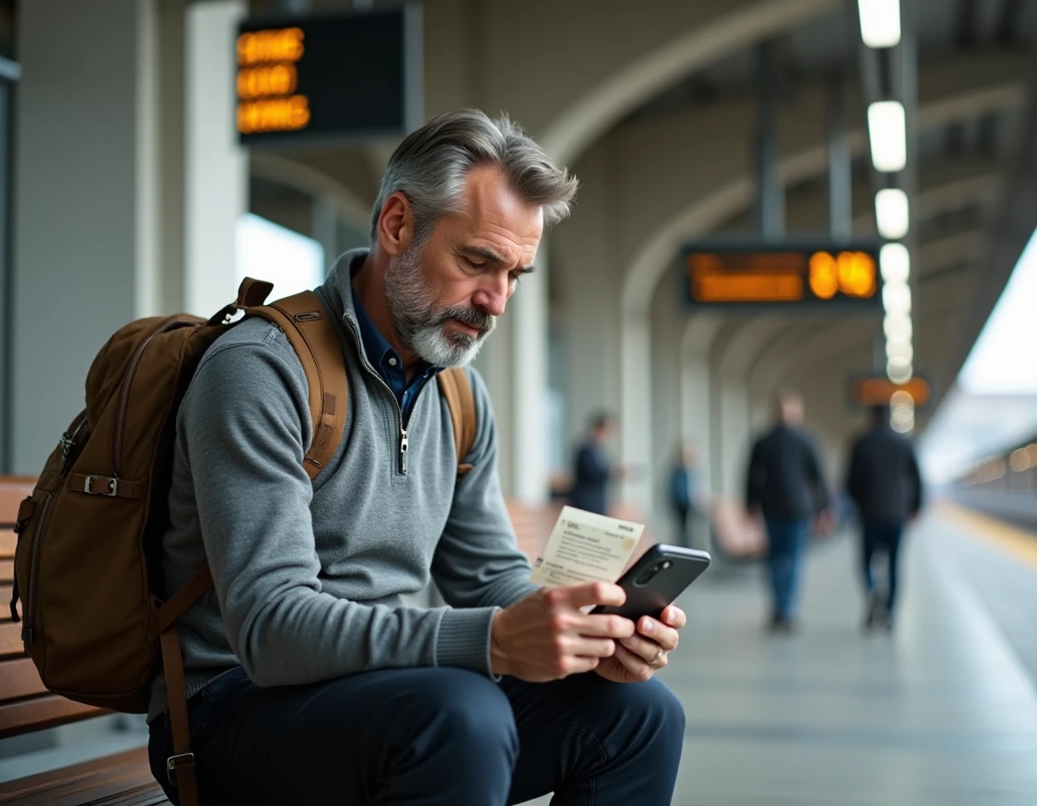 Voyageur étranger consultant les horaires RATP sur son téléphone dans une gare RER parisienne